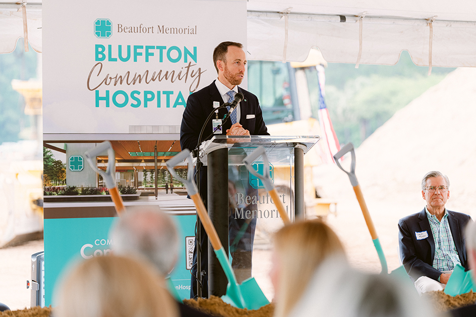 Russell Baxley addresses attendees at the Bluffton Community Hospital groundbreaking