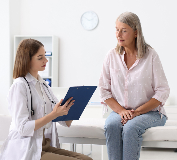 A medical provider sitting and speaking with an older female patient sitting on an examination table