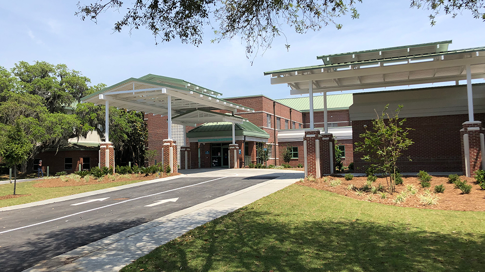 Exterior view of the Beaufort Memorial Collins Birthing Center entrance, also the Surgical Pavilion entrance