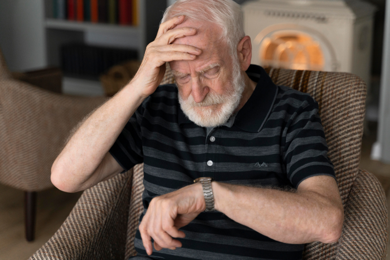 Older adult man sits in an library office and holds forehead with right hand and looks down at watch on left wrist