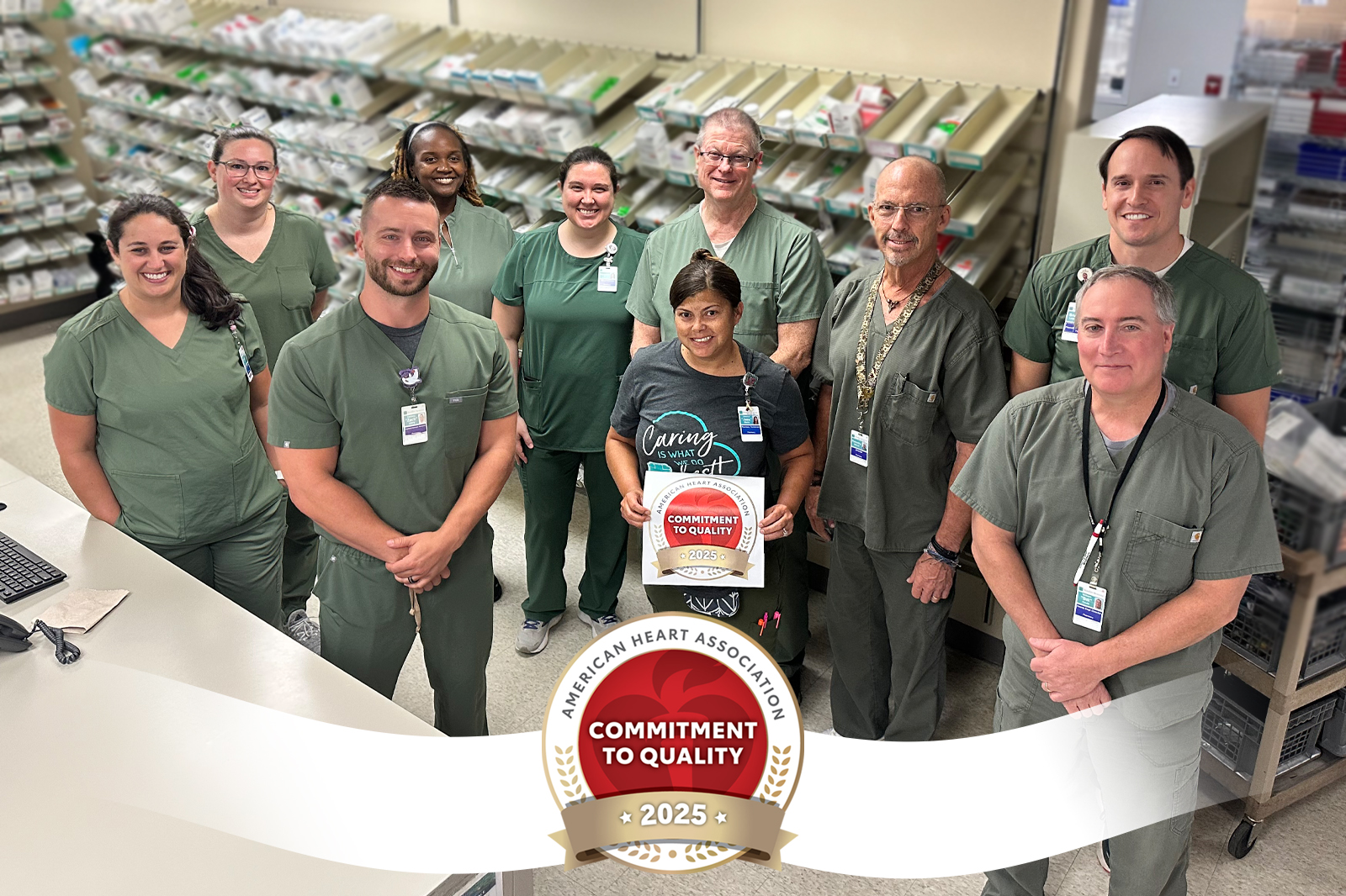 Beaufort Memorial Pharmacy Department staff members stand for a photo celebrating the American Heart Association's Commitment to Quality recognition