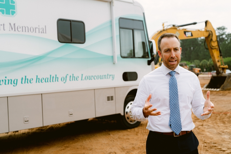 Beaufort Memorial president and CEO, Russell Baxley, speaks to media crews ahead of the groundbreaking ceremony