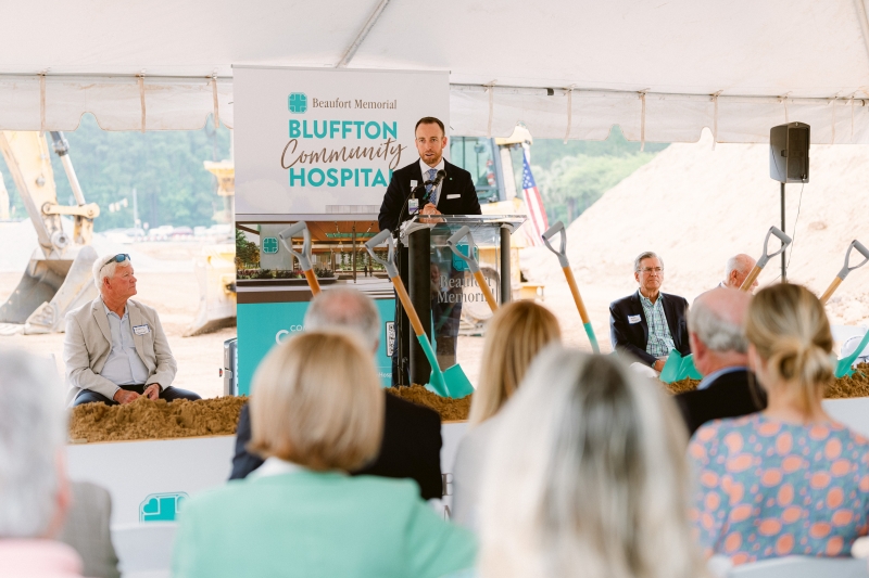 Russell Baxley, president and CEO of Beaufort Memorial speaks to the crowd at the Bluffton Community Hospital groundbreaking ceremony