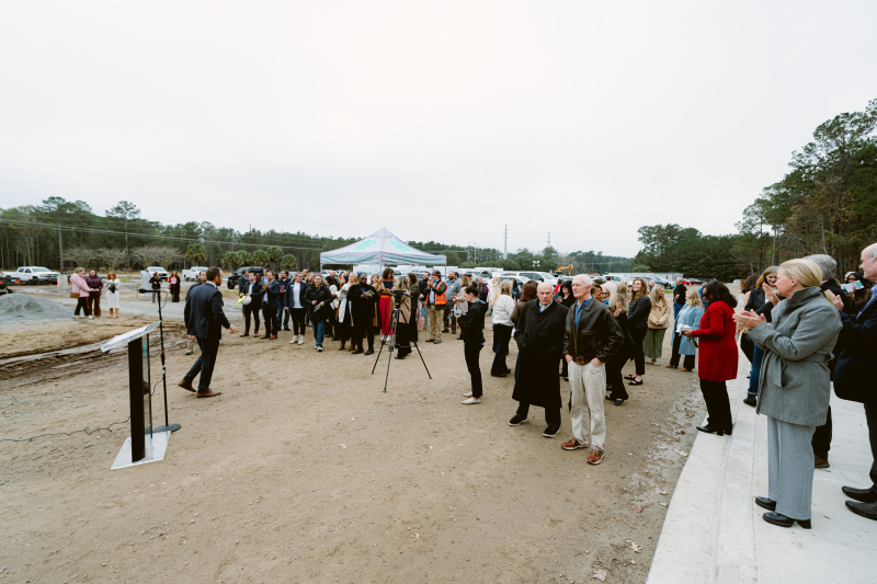 Beaufort Memorial employees, administration and board members, along with project partners await remarks during the topping-off ceremony for the Bluffton Community Hospital.