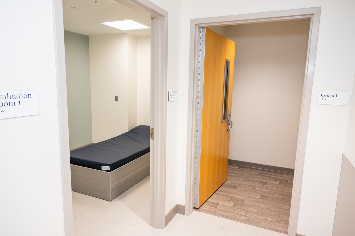 One of the two patient evaluation rooms and the door to the consult room at the Beaufort Memorial Evaluation and Assessment Unit