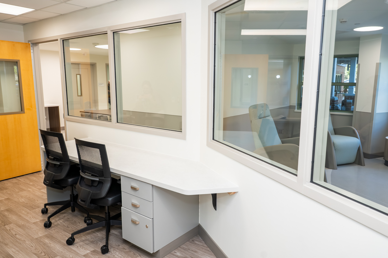 A view of the observation area of the Beaufort Memorial Evaluation and Assessment Unit from the enclosed nurses station