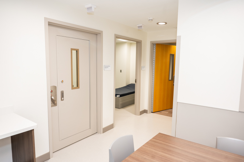 Inside the Beaufort Memorial Evaluation and Assessment Unit showing the two private patient care rooms and the door to the consultation room.