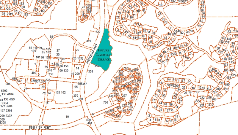 GIS map view of where Livewell Terrace will be located along Buckwalter Parkway in Bluffton