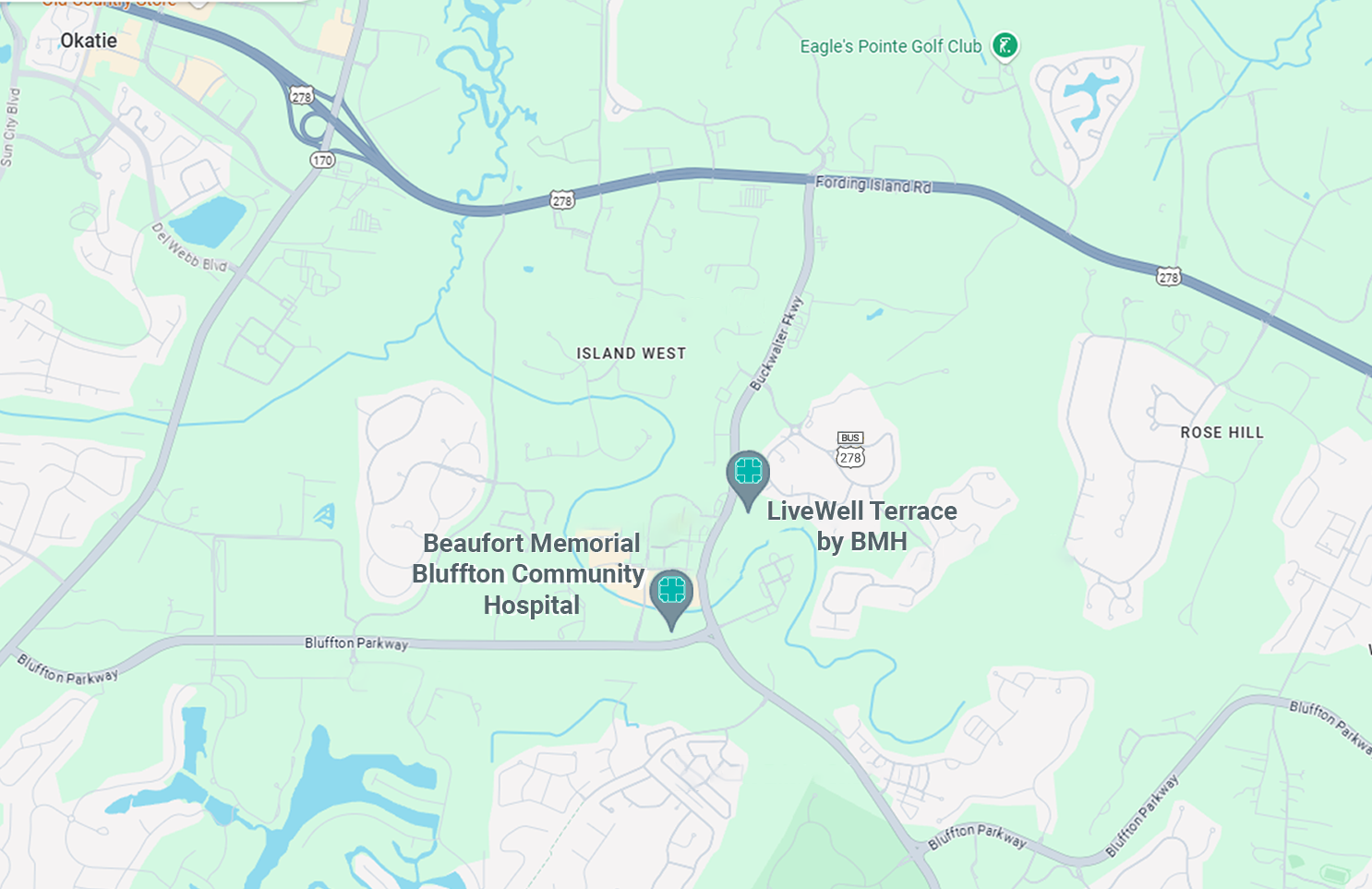 Map with pin markers to identify the future location of LiveWell Terrace by BMH and Beaufort Memorial Bluffton Community Hospital