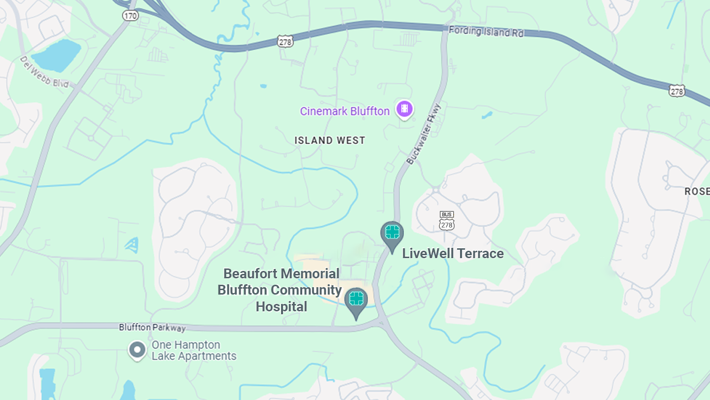 Geographical map of the location of the future LiveWell Terrace complex in relation to the future Beaufort Memorial Bluffton Community Hospital.