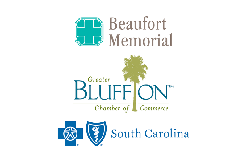 Beaufort Memorial, Greater Bluffton Chamber of Commerce and the Blue Cross Blue Shield South Carolina logos on a white background.
