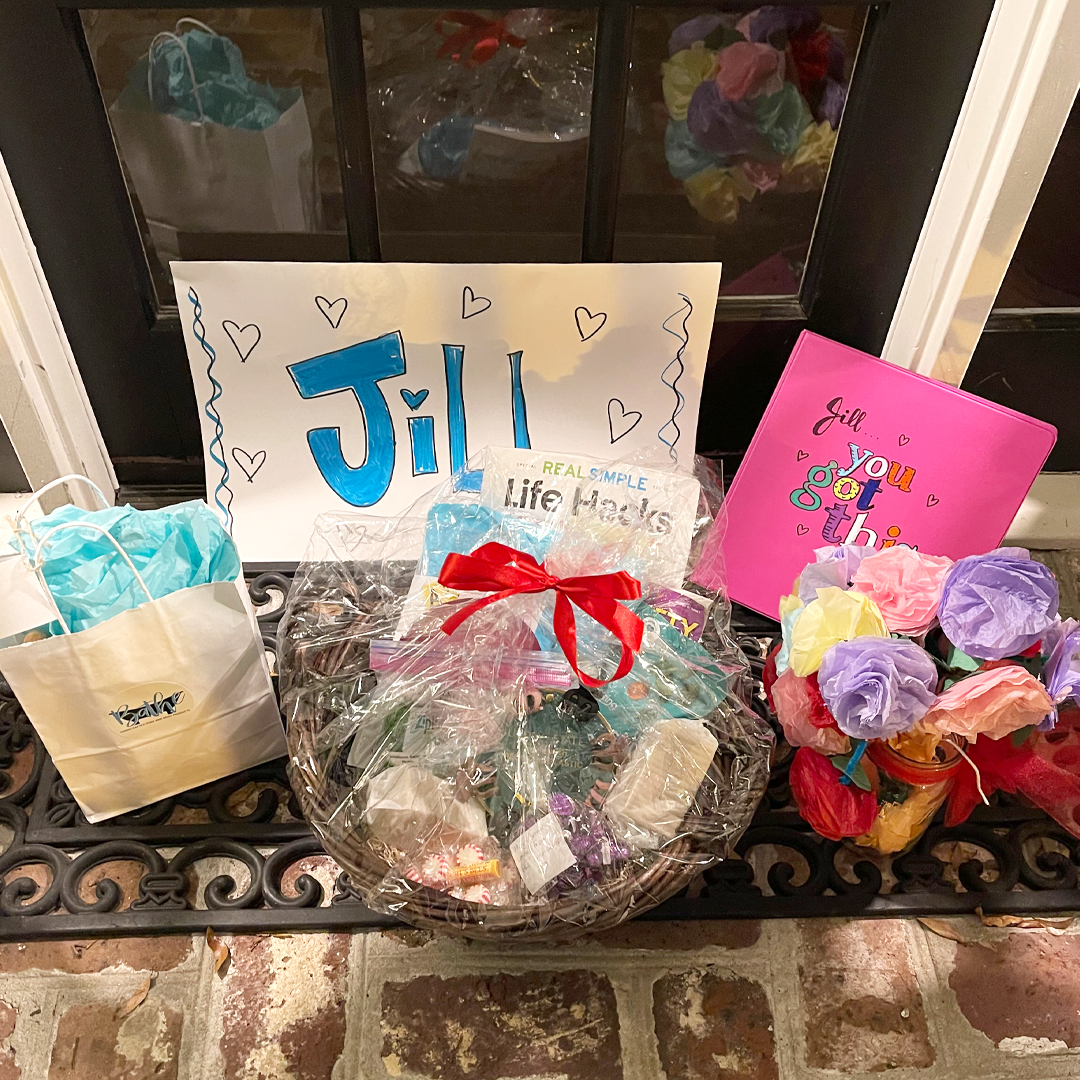 Care packages for Jill sit at her front door