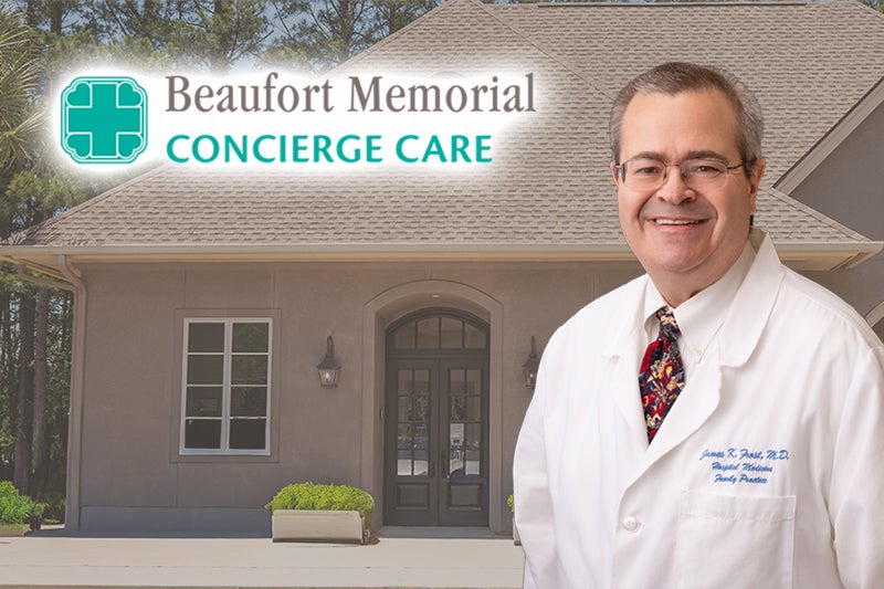Professional headshot of Dr. James Frost overlayed on image of exterior of Beaufort Memorial Concierge Care facility in Hardeeville, South Carolina.