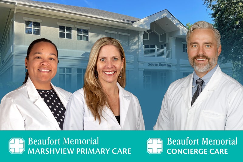 Headshots of Stephanie Lovato and Drs Nikki Keisler and Christopher Opella overlay an image of 100 Exchange Street Hilton with logos for Beaufort Memorial Marshview Primary Care and Beaufort Memorial Concierge Care