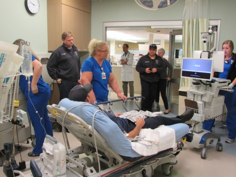 Members of the Beaufort Memorial staff and Parris Island Fire Rescue take part in a mock scenario to demonstrate tele-stroke capabilities 