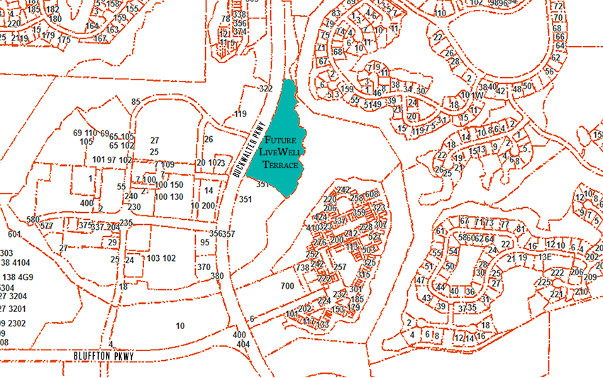 GIS parcel map of Buckwalter Parkway near Bluffton Parkway with the land where LiveWell Terrace highlighted.