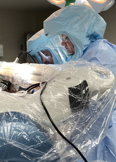 Dr Blocker performing a knee replacement surgery using Mako
