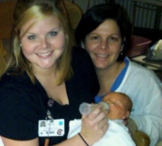 Carol Thames and Chelsey Bates photographed 13 years ago in a labor and delivery unit while Chelsey holds and feeds a newborn