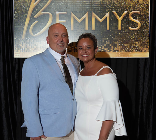 Dean and Shannon Adams photographed together at the Bemmy Awards