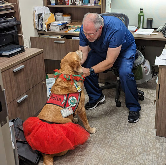Bella, wearing a red tutu and Christmas scarf, sits on the floor while Dr. Jonathan Briggs, Beaufort Memorial radiation oncologist scratches her under her chin.