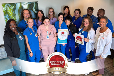 Beaufort Memorial med surg unit staff members stand for a photo celebrating the American Heart Association's Commitment to Quality recognition