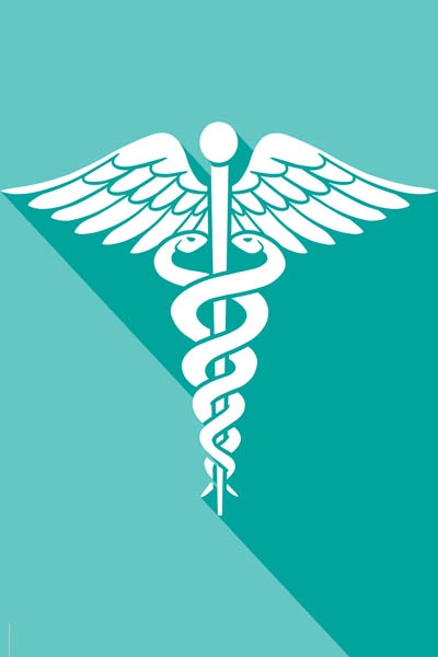 White medical caduceus on a teal background